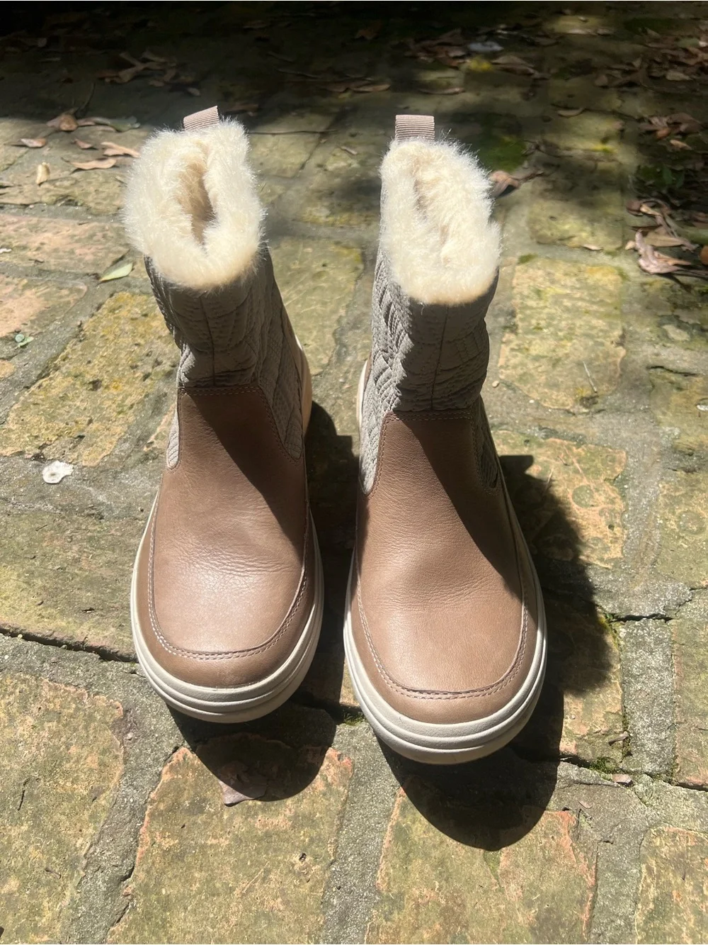 Merrell Taupe Leather & Quilted Ankle Winter Boots with Faux Fur Cuff